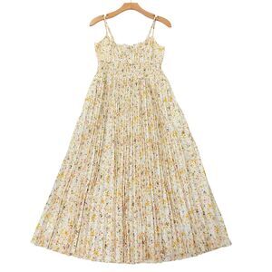 J Crew Midi Dress Womens 12 Beige Posies Smocked Waist Pleated Romantic Feminine